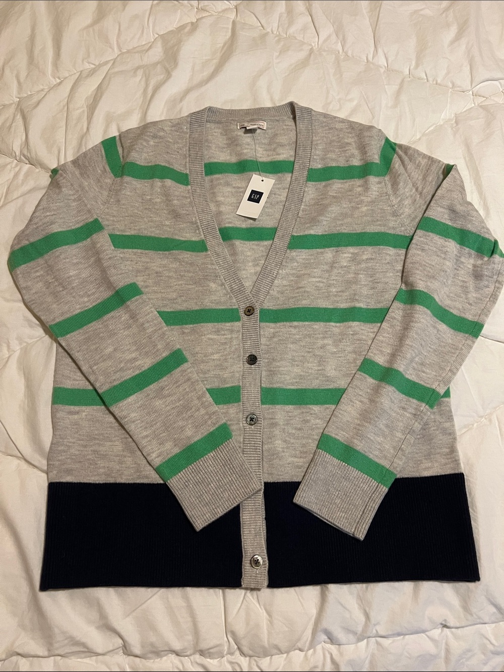 GAP Light Gray Cardigan with Green Stripes & Navy Hem